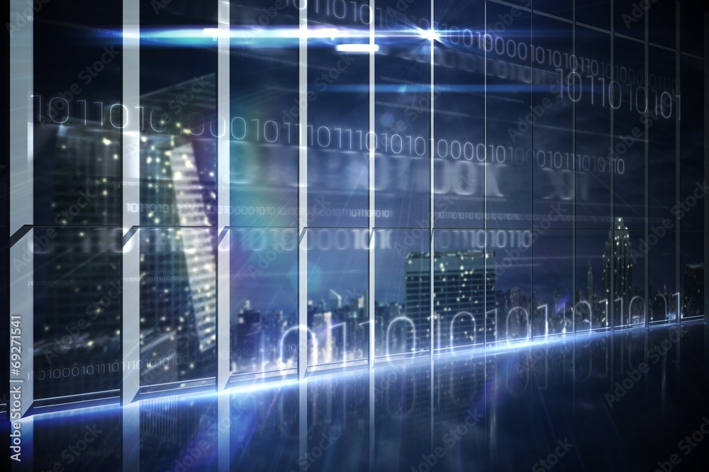 Hologram interface in office overlooking city Hologram interface in office overlooking city