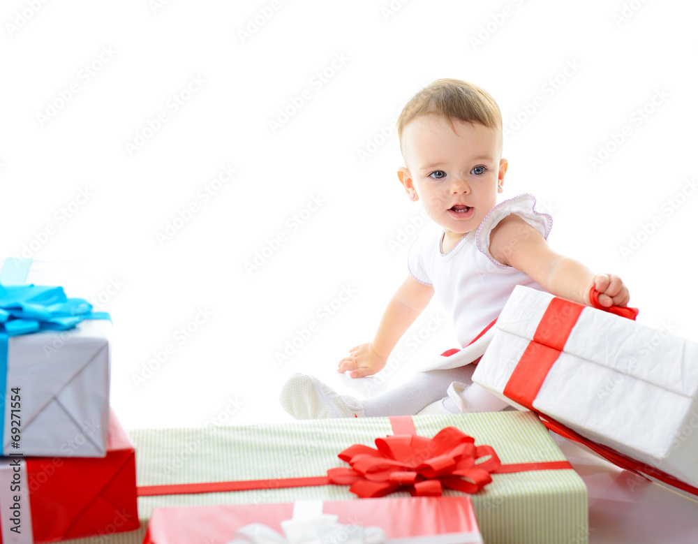 Holidays, baby girl with presents, christmas, birthday, new year Holidays, baby girl with presents, christmas, birthday, new year