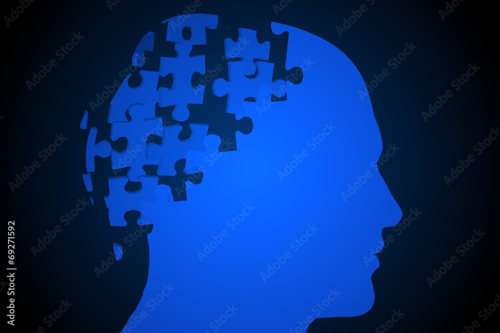 Blue jigsaw head with missing pieces Blue jigsaw head with missing pieces