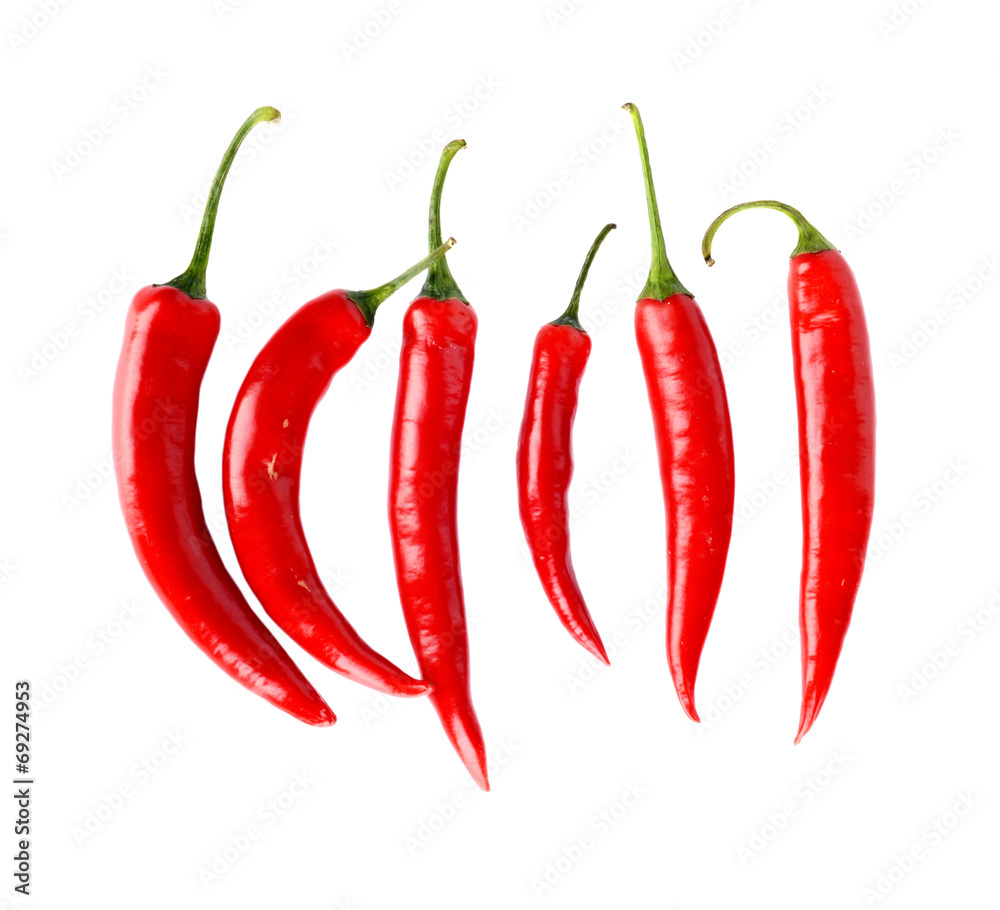 Top view of red peppers isolated white background