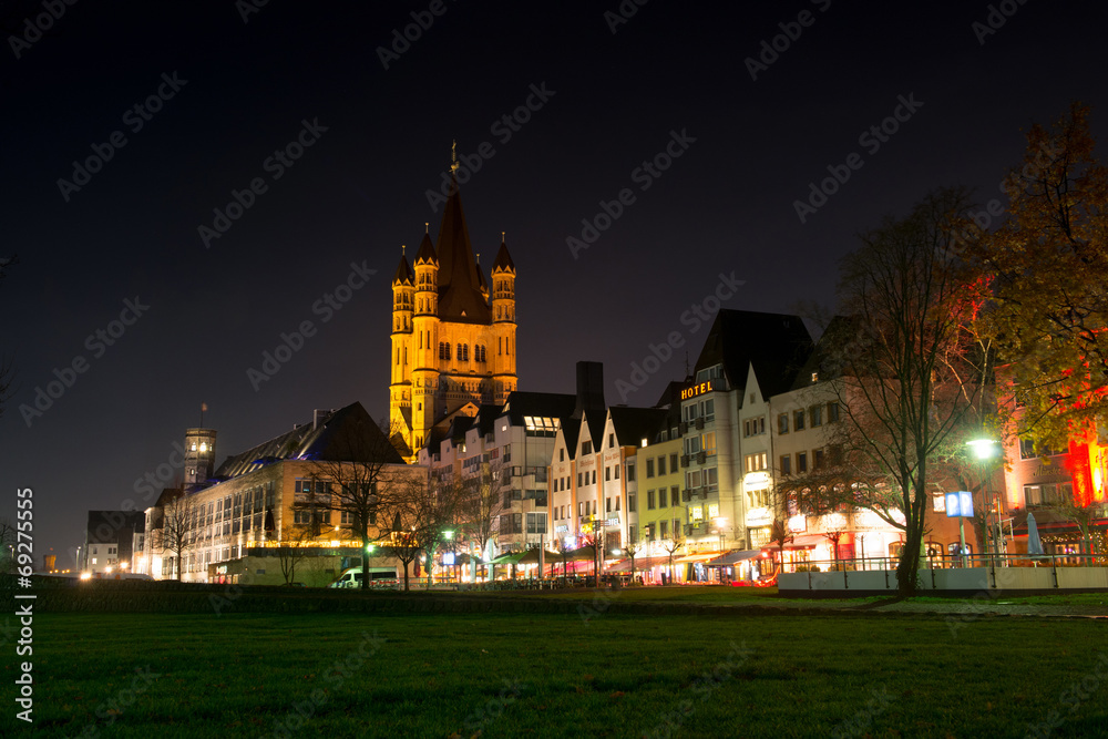 The river enbankment and St. Martin church in Cologne, Germany