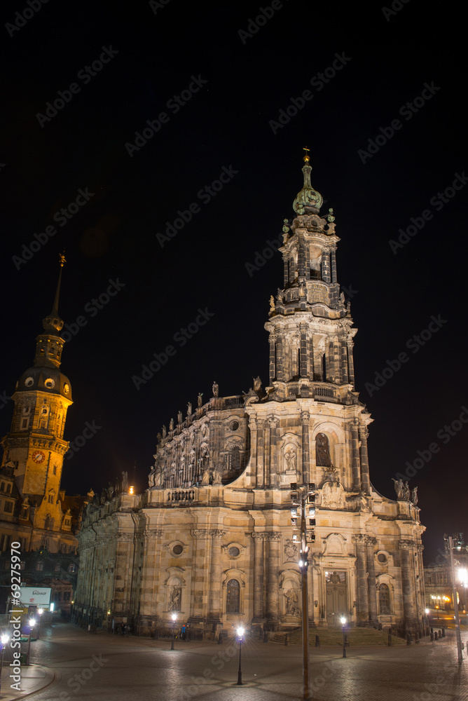 Night scene in Dresden, Germany.  Cathedral of the Holy Trinity