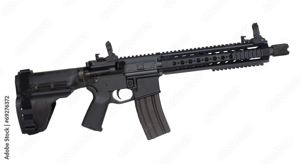 Modern firearm that is an AR-15 with a pistol brace making it legally a handgun isolated on a white background