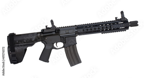 Modern firearm that is an AR-15 with a pistol brace making it legally a handgun isolated on a white background