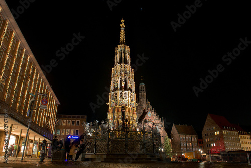 Schoener Brunnen am Hauptmarkt at night in Nuremberg