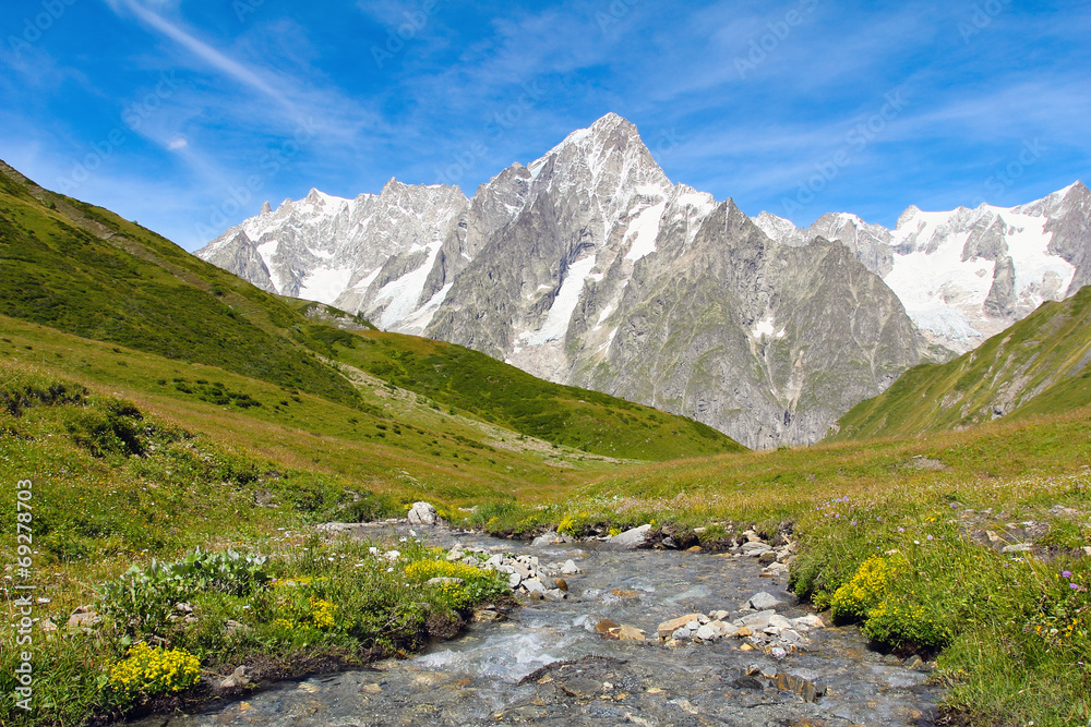Alpine stream with Grand Jorasses glacier