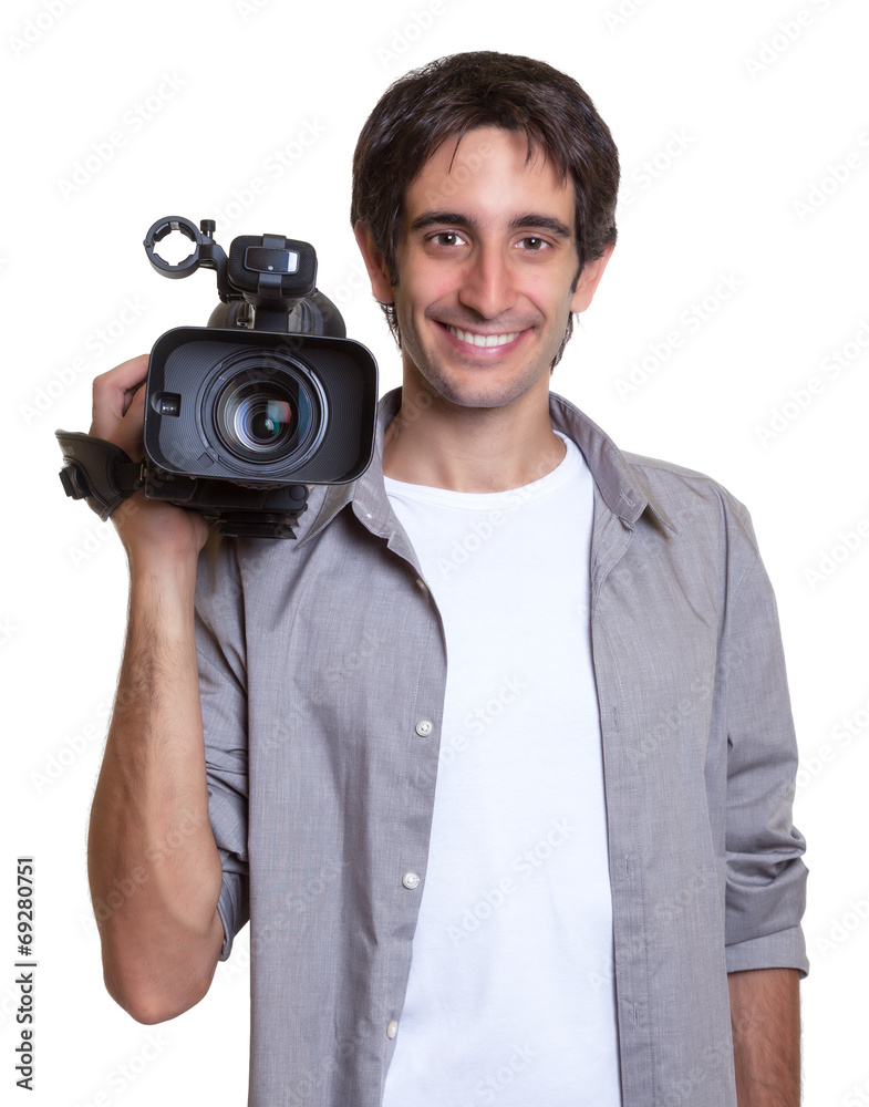 Lachender Kameramann hat Spass am Filmen StockFoto Adobe Stock