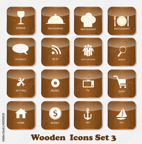 Wooden Application Icons Set Vector Illustration