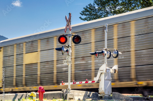 Canvas Print Goods Train Passing a Level Crossing