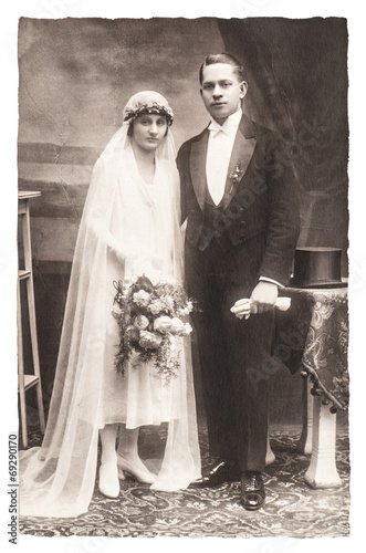 antique wedding photo. portrait of just married couple