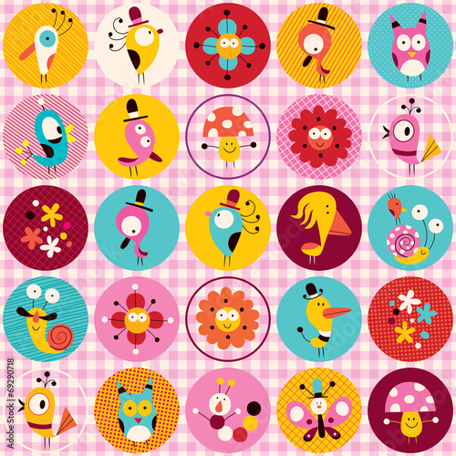 cute characters animals flowers circles nature pattern