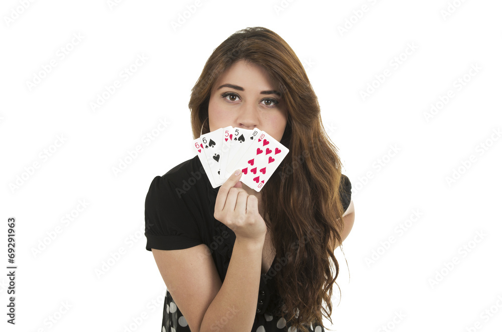 Pretty brunette young girl holding deck of cards Pretty brunette young girl holding deck of cards
