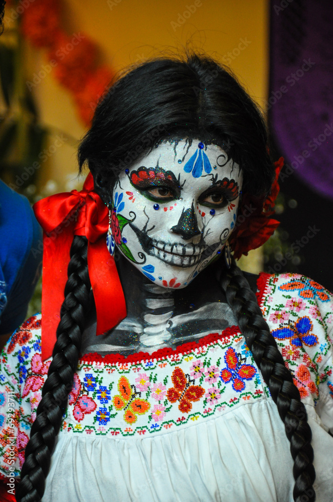 Woman disguised for Dia de los Muertos, Puebla, Mexico
