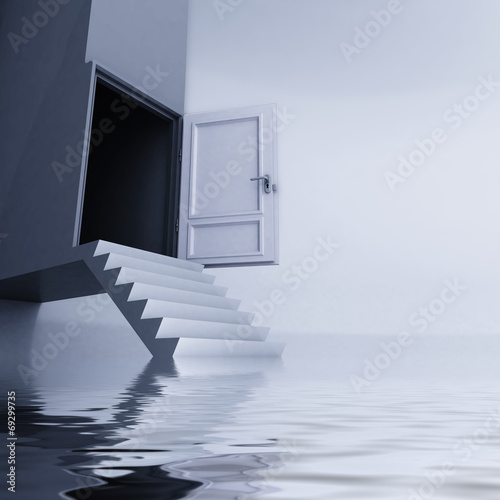 water level and escape stairs to open door concept