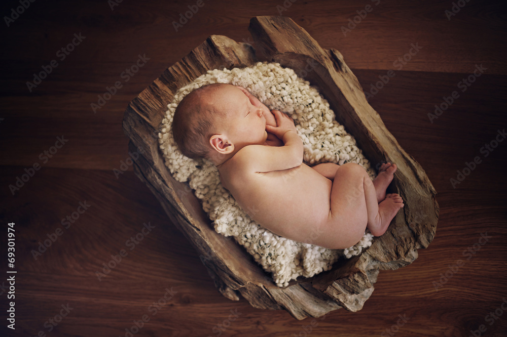 Sleeping Newborn Baby in Wooden Basket