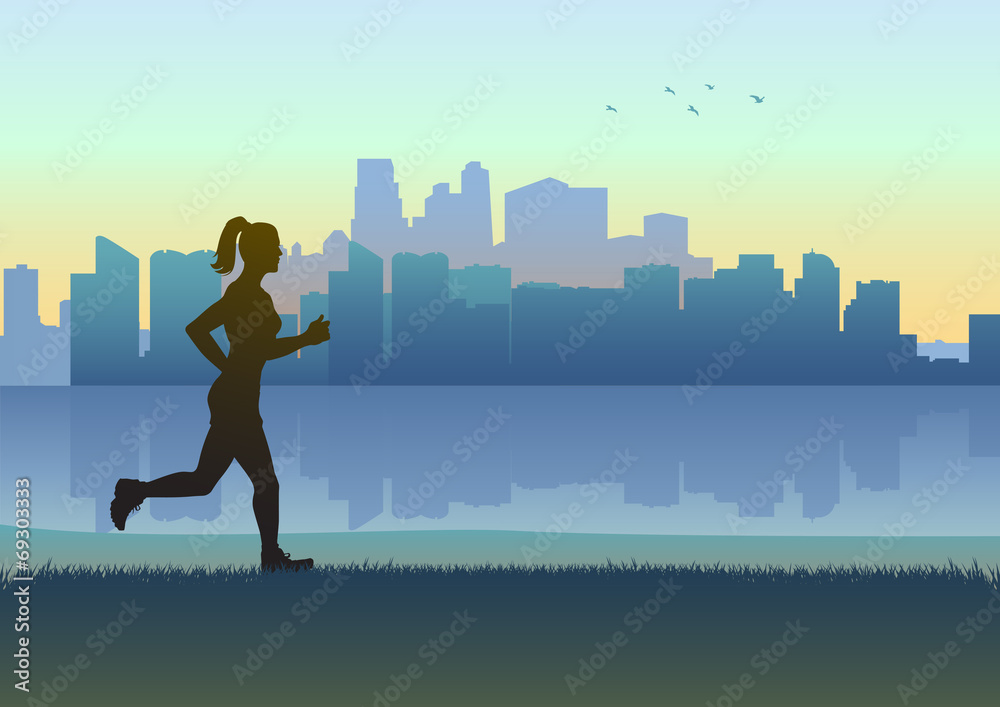 Female figure jogging with cityscape as the background Female figure jogging with cityscape as the background