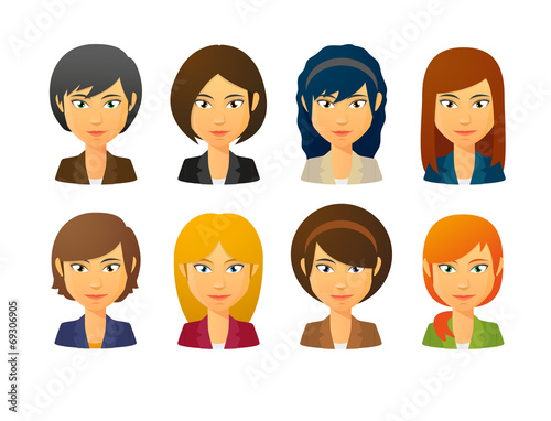 Female avatars wearing suit  with various hair styles