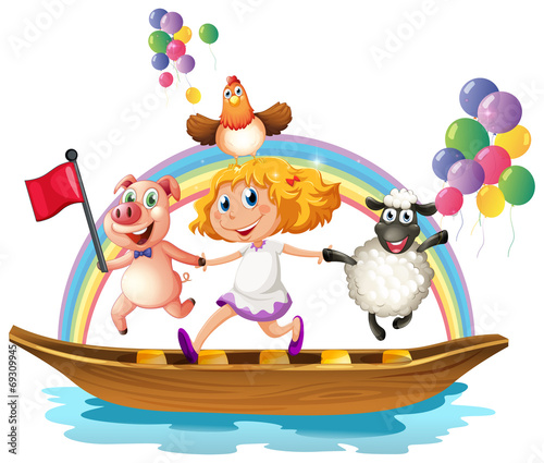 Girl and animals on boat