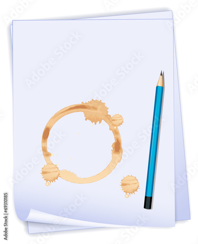 An empty paper with a stain and a blue pencil
