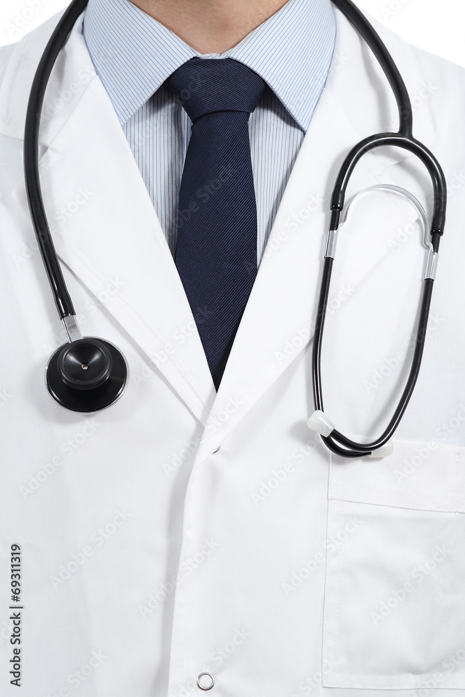 Close up of a doctor coat and stethoscope Close up of a doctor coat and stethoscope