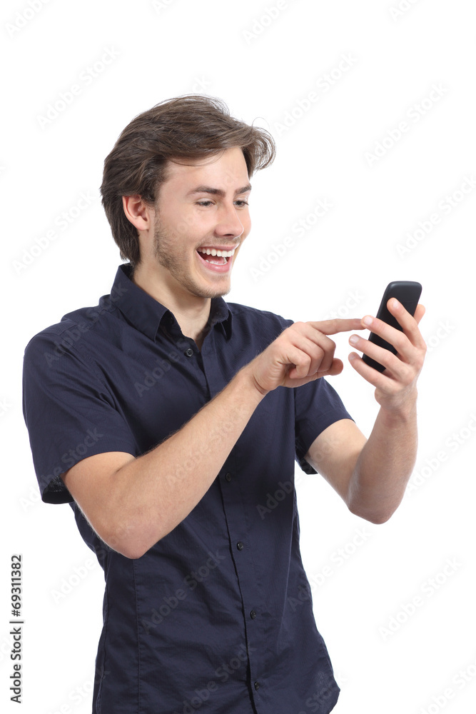 Funny man browsing social media in a touch screen smart phone Funny man browsing social media in a touch screen smart phone