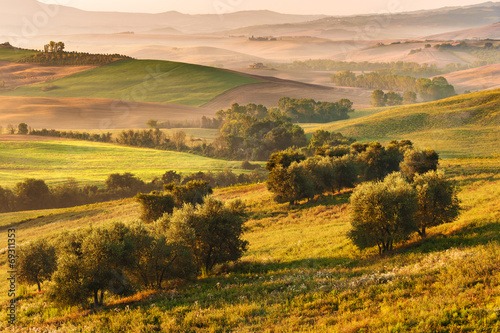 Rural landscape of Tuscany on a hazy sunny morning