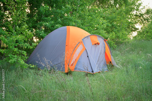 Camoing tent in the forest