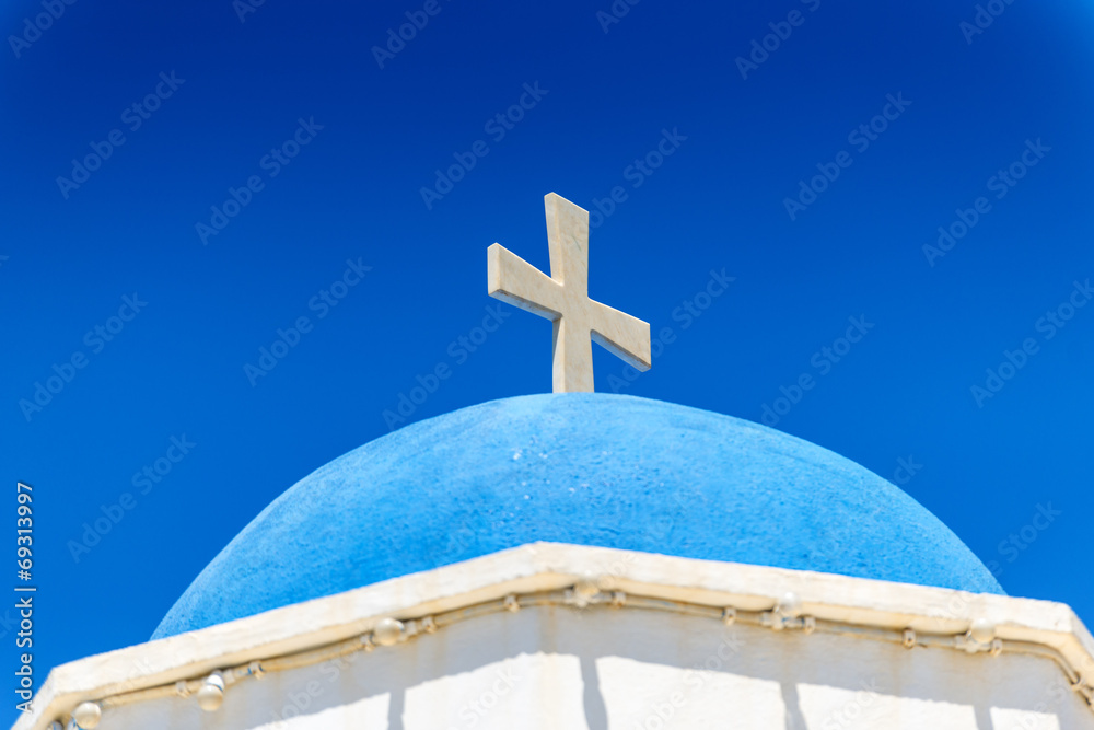 White Church With Cross In Santorini White Church With Cross In Santorini
