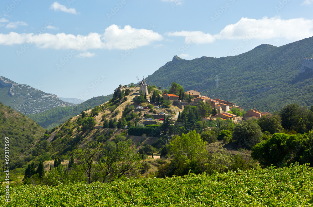 Cucugnan, next to Queribus Cathar Castle, general view
