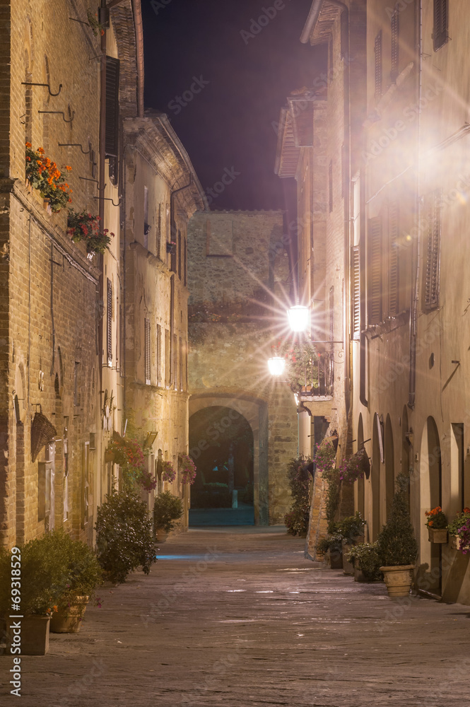 The Italian town late at night in Tuscany