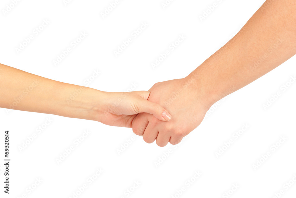Shaking hands of two people, man and woman, isolated on white. Shaking hands of two people, man and woman, isolated on white.