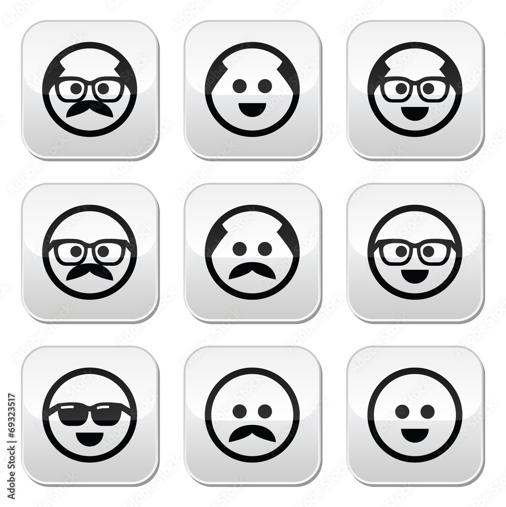 Bald man with mustache and in glasses faces buttons set Bald man with mustache and in glasses faces buttons set