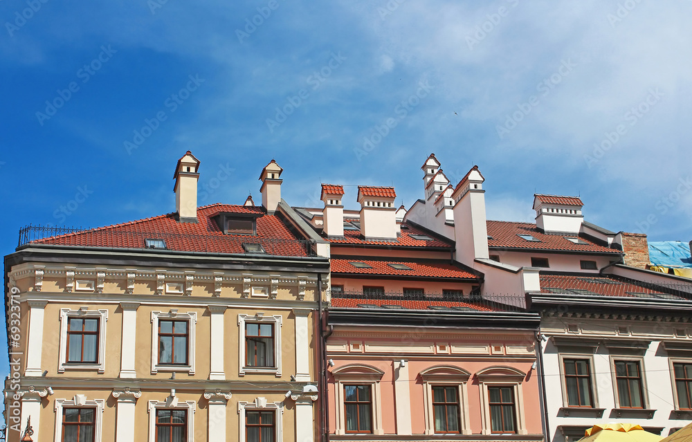 Houses with red roofs in the centre of Lviv, Ukraine