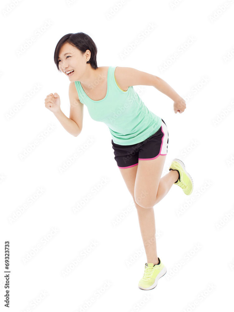 happy young woman runner isolated on white background happy young woman runner isolated on white background