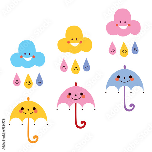 cute umbrellas raindrops clouds characters vector illustration