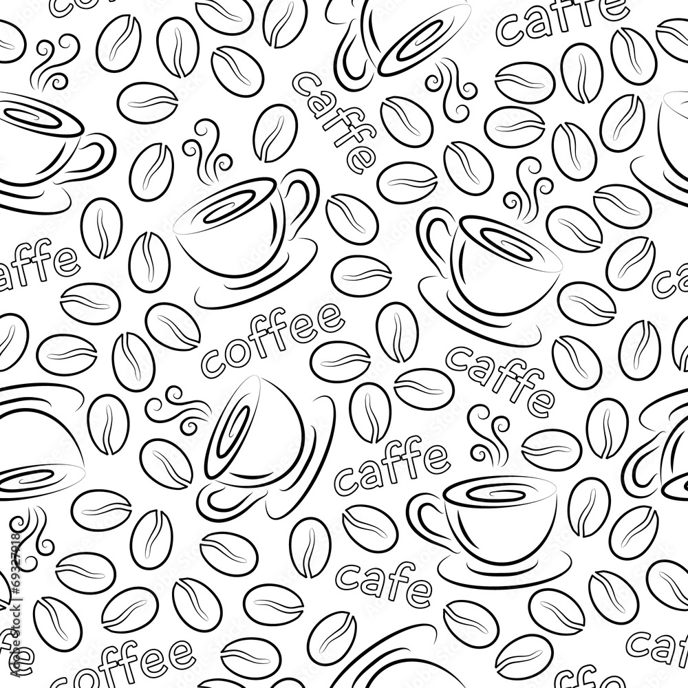 Seamless pattern with cups and coffee grains. Vector.
