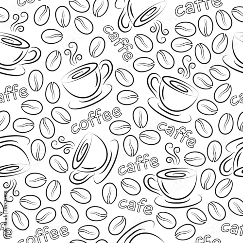 Seamless pattern with cups and coffee grains. Vector.