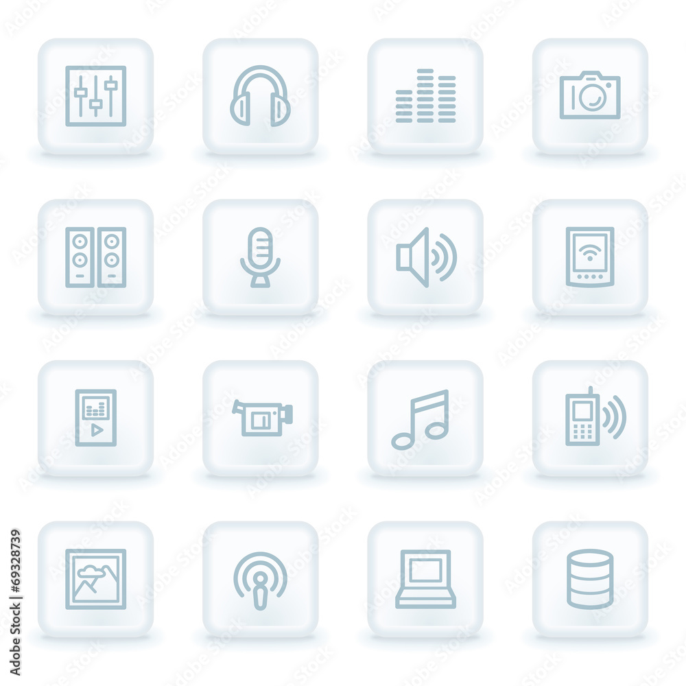 Media web icons, white square buttons Media web icons, white square buttons
