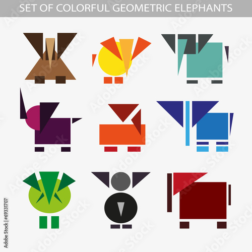 Canvas Print Set of geometric colorful elephants