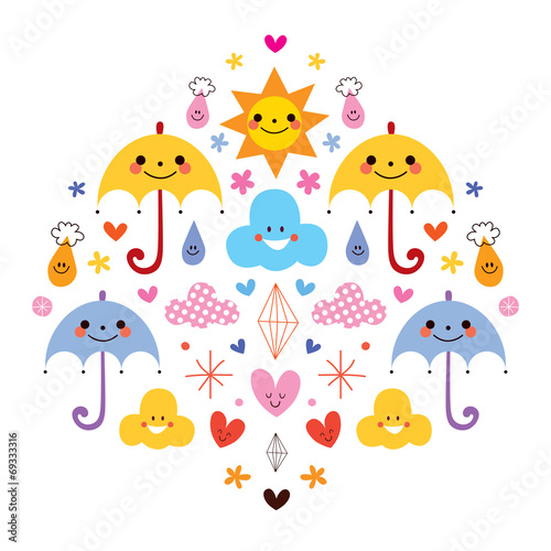 cute umbrellas raindrops flowers clouds characters illustration