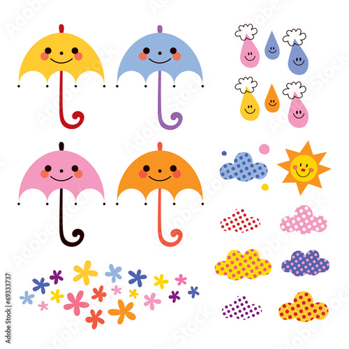 cute umbrellas raindrops flowers clouds design elements set