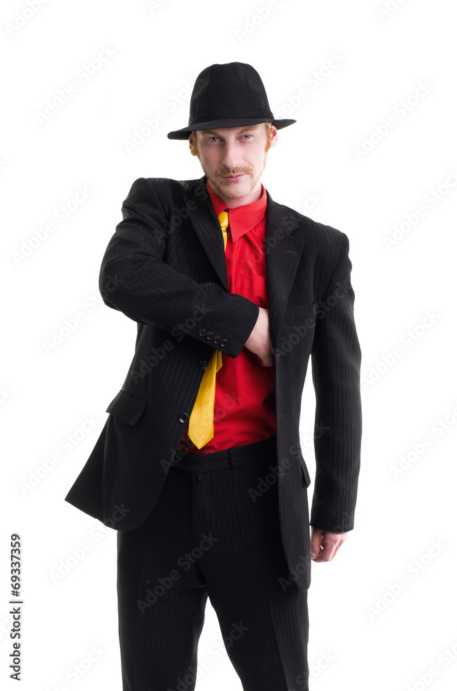 Man in suit and hat on white Man in suit and hat on white