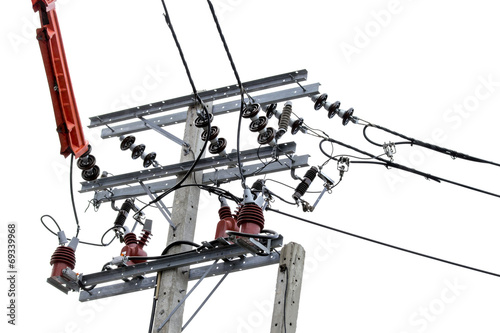 Canvas Print Top of Electricity Post with wire and connection line on isolate