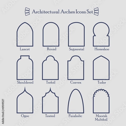 Set of common types of architectural arche thin outline icons