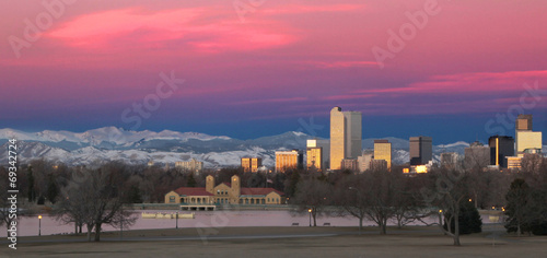Denver Colorado and Rocky Mountain Skyline at Sunrise