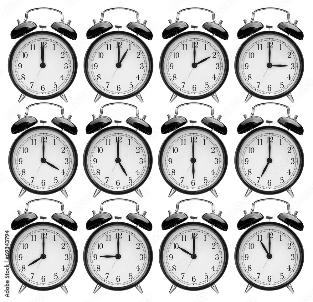set of alarm clocks with another times isolated on white set of alarm clocks with another times isolated on white