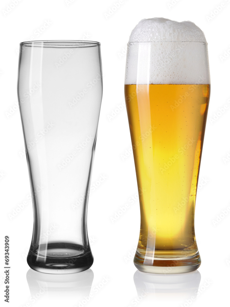 Empty and full beer in glass isolated on white backgroung Empty and full beer in glass isolated on white backgroung