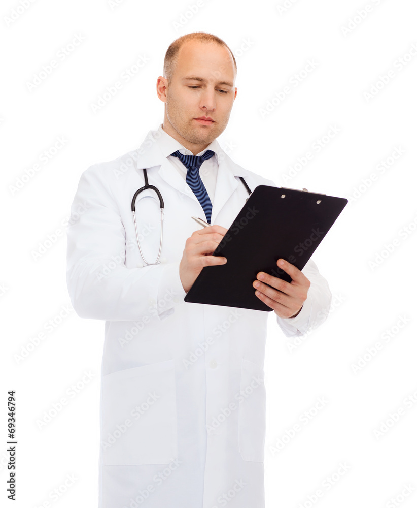 serious male doctor with clipboard and stethoscope serious male doctor with clipboard and stethoscope