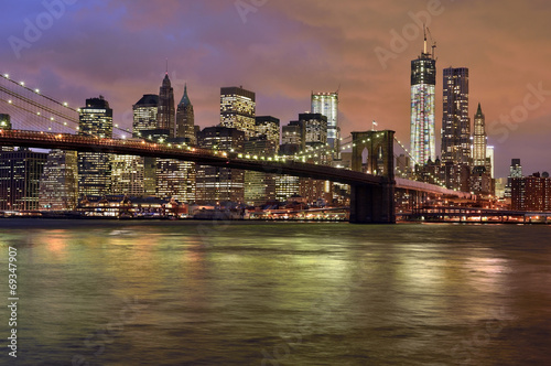 New York City - Brooklyn Bridge, Manhattan skyline at night, USA