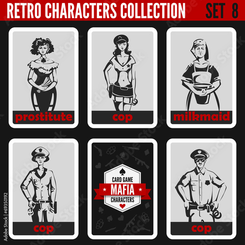 Vintage retro people. Mafia noir style cops prostitute milkmaid.